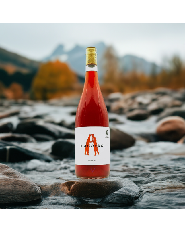 Vino natural rosado de albariño y Caiño tinto sobre unas piedras en un río.