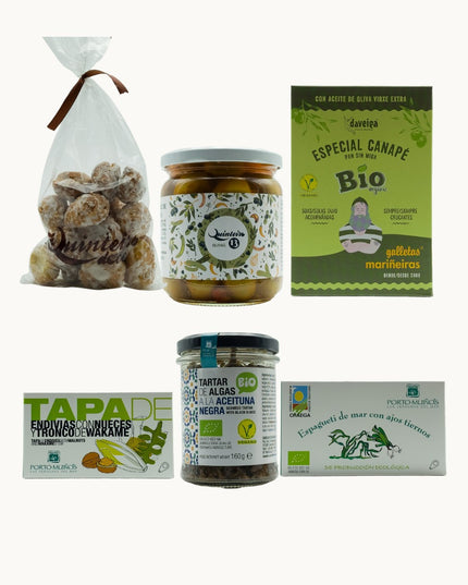 Selección de conservas premium gallegas con algas, aceitunas y endivias.