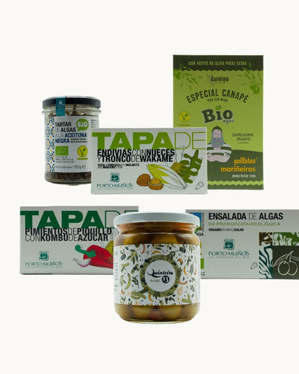 Pack vegano gourmet gallego, una selecciĂłn de conservas artesanas de la huerta y del mar.