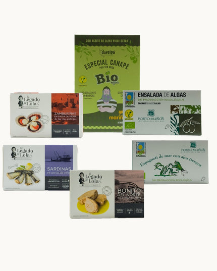 Pack de conservas gallegas premium con una exclusiva selección de algas y moluscos.