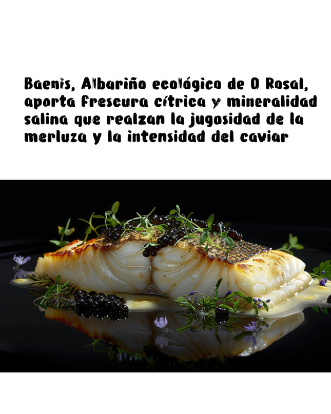 Un lomo de merluza sobre un plato con la reflección del pescado, adornado con flores e hierbas, un texto para un maridaje con un albariño ecológico de Galicia
