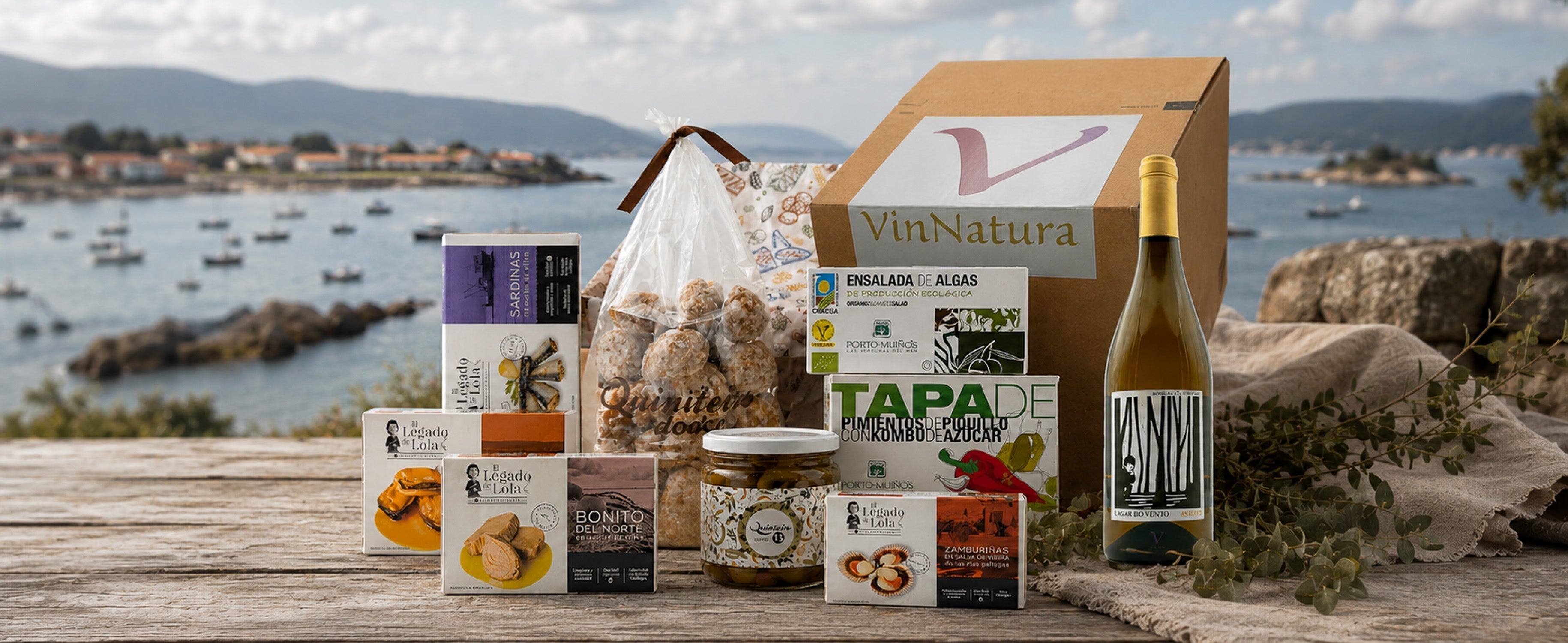 Caja Gourmet con Productos artesanales de Galicia y un vino Godello
