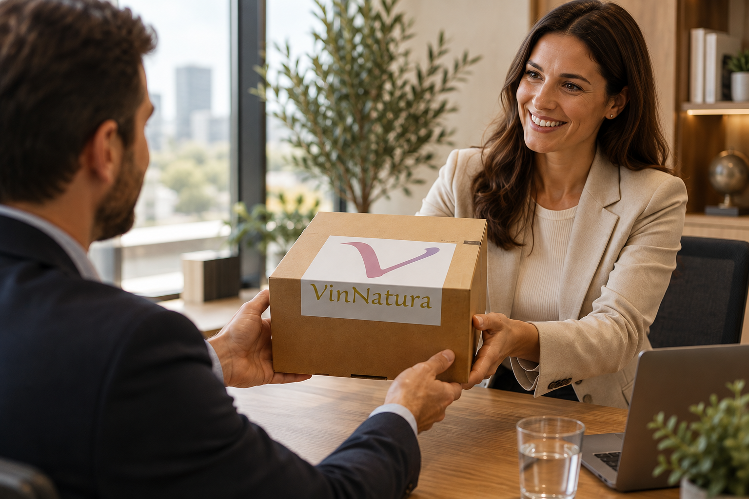 Caja gourmet VinNatura entregada como regalo de empresa en una oficina durante una reunión profesional en formato horizontal