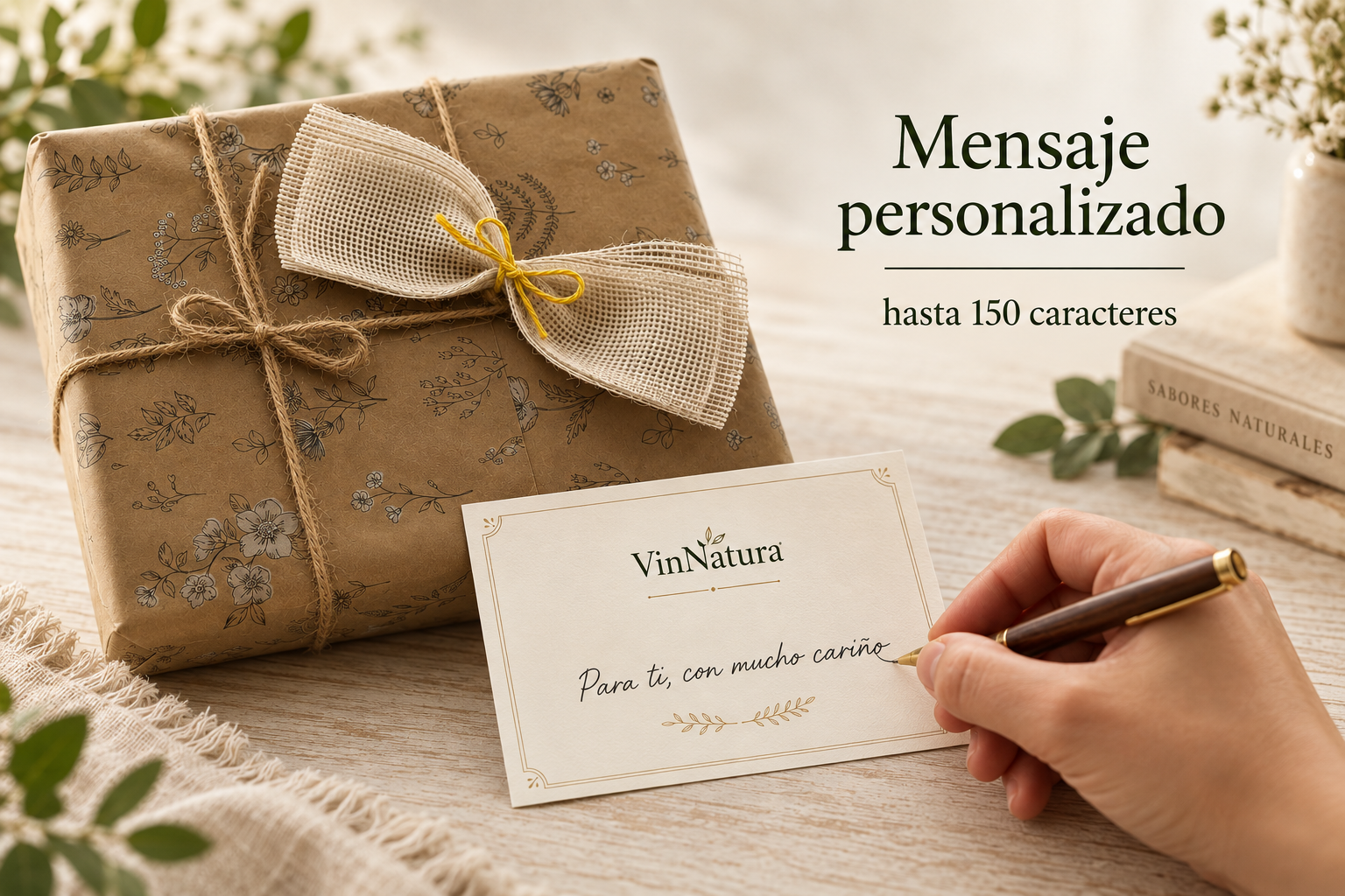 Tarjeta VinNatura con mensaje personalizado escrita a mano junto a una caja regalo envuelta en papel Kraft y lazo rústico en formato horizontal