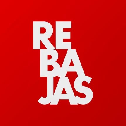 La palabra rebajas en blanco, cada silaba escalonada de arriba a bajo, sobre un fondo rojo. Anunciando las rebajas de VinNatura