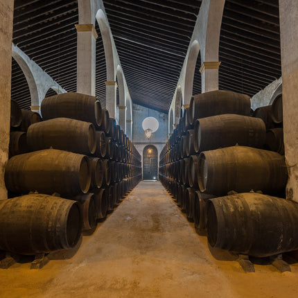 Bodega de Jerez, llamada Catedral por sus grandes arcos y altos techos, llena de barriles de vino.