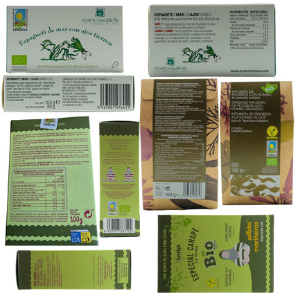 Etiquetas de mariñeiras, algas gallegas e infusión de rooibos  del pack con conservas artesanales Albura