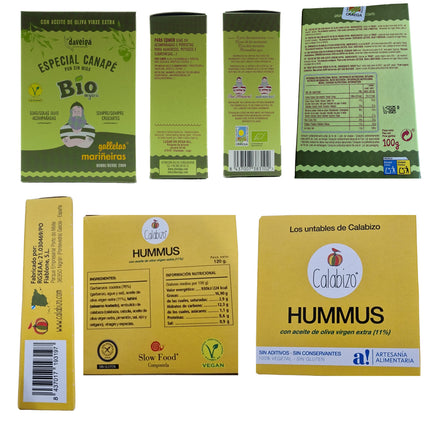 Etiquetas de los productos del pack gourmet Albura con calabizo