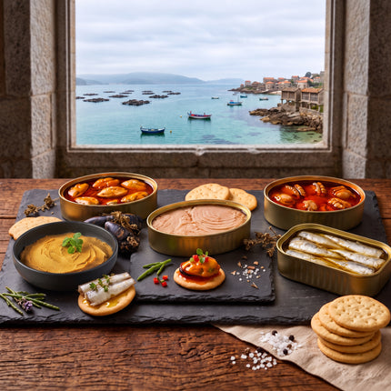 Productos servidos del pack Albura de VinNatura sobre una mesa rústica junto al mar y las Rías de Galicia.