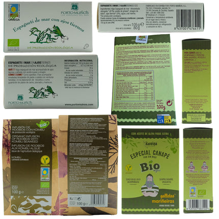 Etiquetas de mariñeiras, algas gallegas e infusión de rooibos  del pack vegano con conservas artesanales Alga