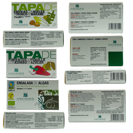 Etiquetas de conservas artesanales del pack vegano con conservas de Galicia Alga