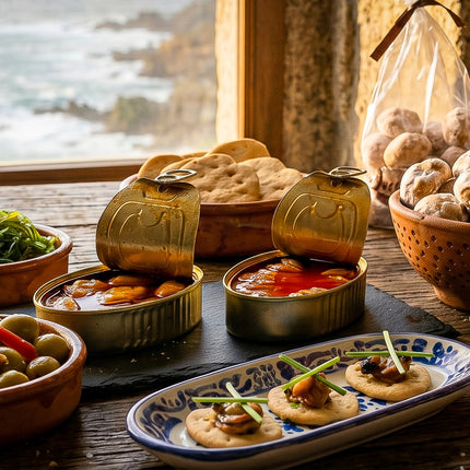 Aperitivo gourmet Degustación de Galicia con conservas de Galicia, mariñeiras, algas, aceitunas y melindres servidos junto a la ventana