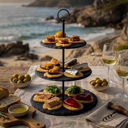 Aperitivo gourmet Cíes con conservas de Galicia, algas, aceitunas, tostas y vino Godello servido junto al mar