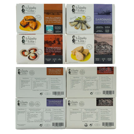 Etiquetas de conservas artesanales del pack con conservas de Galicia Areal
