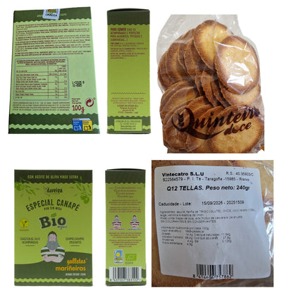 Etiquetas de tellas y mariñeiras de la caja gourmet con productos gallegos Arousa