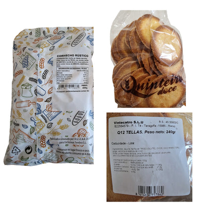 Etiquetas de tellas y picos artesanales de la caja gourmet con productos gallegos Arousa
