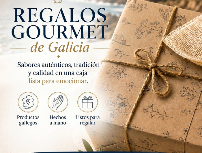 Banner cuadrado Regalos Gourmet de Galicia. Sabores auténticos, tradición y calidad en una caja lista para emocionar.
