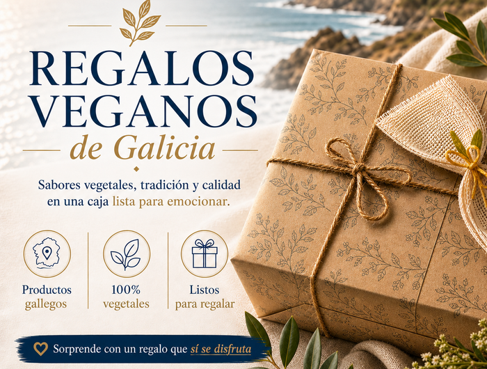 Banner cuadrado de Regalos veganos de Galicia. Sabores vegetales, tradición y calidad en una caja de regalo