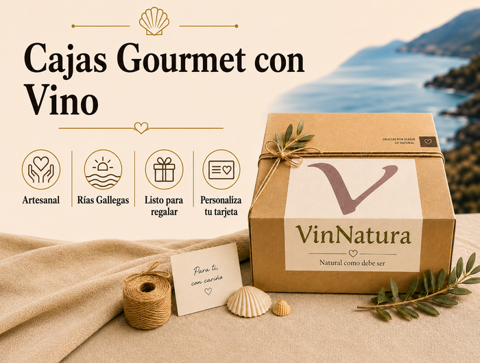 Banner cuadrado Caja gourmet con vino con conservas artesanales de Galicia y vinos naturales, para regalar