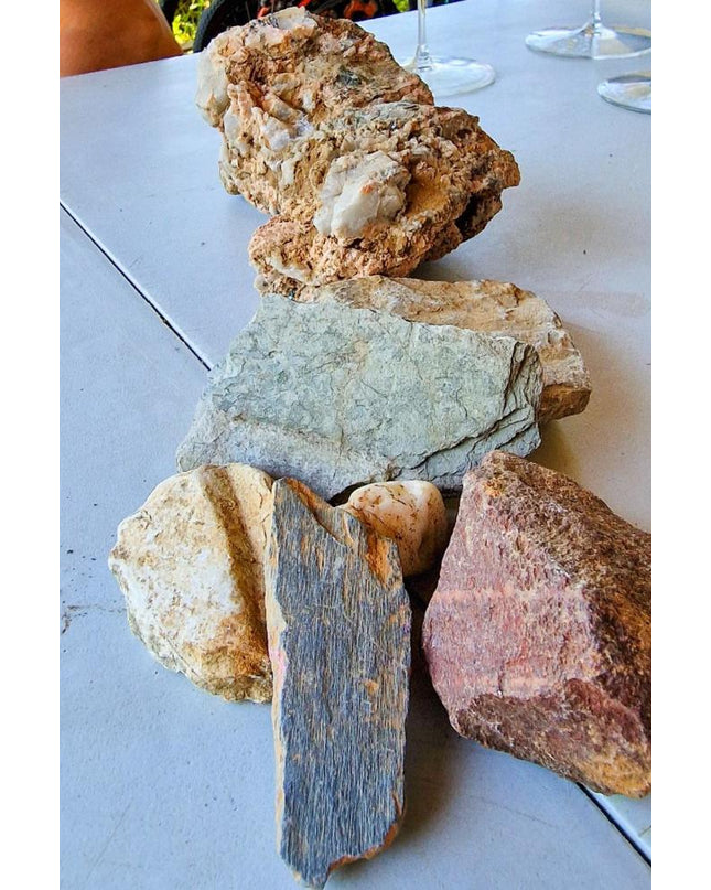 Piedras de diferentes colores y texturas sobre una mesa, utilizadas para ilustrar la composición del suelo en el viñedo de Corullón.
