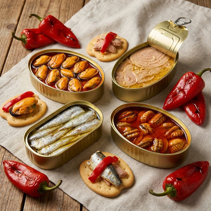 Bodegón del pack Rías con conservas de Galicia, mejillones, zamburiñas, bonito, sardinillas, pimientos y mariñeiras