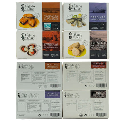 Etiquetas de conservas artesanales del pack con conservas de Galicia Brétema