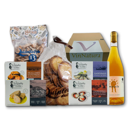 Regalo gourmet Arousa con conservas artesanales de las Rías Gallegas, dulces tradicionales y vino naranja natural para regalar