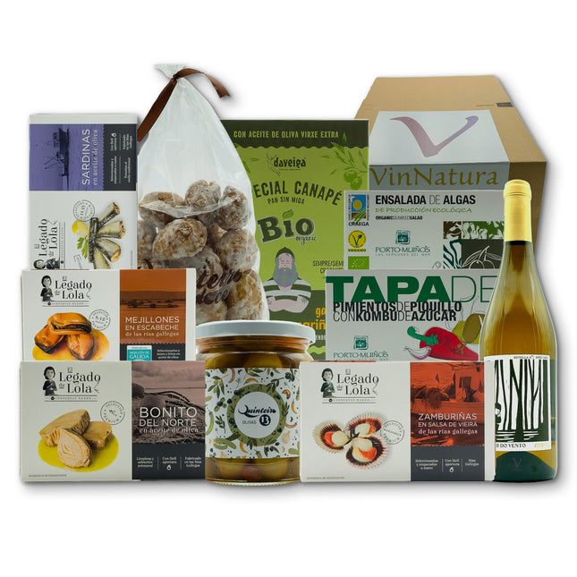 Caja gourmet Cíes de VinNatura con conservas artesanales y productos de Galicia