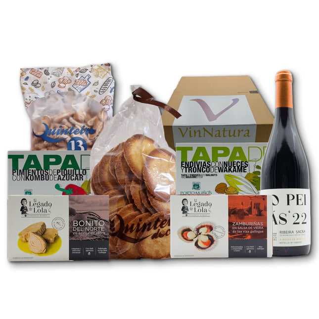 Regalo gourmet gallego Cortegada con conservas artesanales, tapas vegetales, tellas tradicionales y vino Mencía para regalar