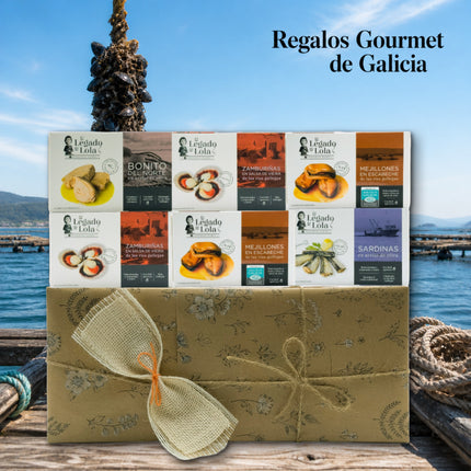 Caja gourmet Lola con mejillones, zamburiñas, sardinillas y bonito del norte para regalar con presentación cuidada