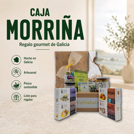 Caja Morriña, regalo gourmet gallego con conservas artesanales, algas de Galicia, dulces y aperitivos en presentación cuidada