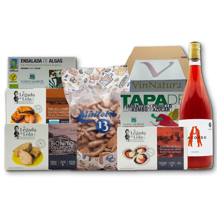 Caja gourmet Ons de VinNatura con conservas de las Rías Gallegas, algas, aperitivos y vino rosado natural