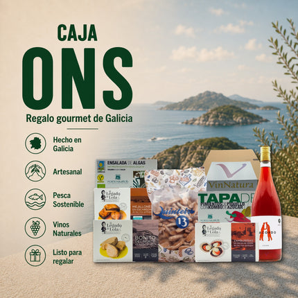 Caja gourmet Ons de VinNatura con conservas artesanales de Galicia, algas, aperitivos y vino rosado natural para regalar
