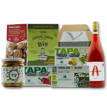 Caja vegana Onza de VinNatura con conservas artesanales y productos veganos de Galicia
