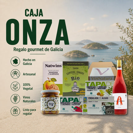 Caja Onza de VinNatura con selección gourmet vegana, vino rosado natural y productos de Galicia