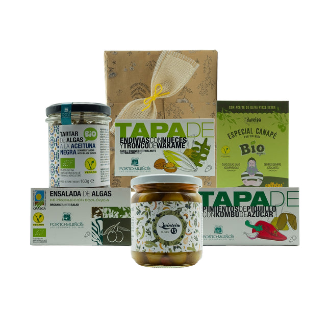 Caja Orballo de VinNatura con algas ecológicas, tapas vegetales, galletas mariñeiras, dulce artesanal y aceitunas