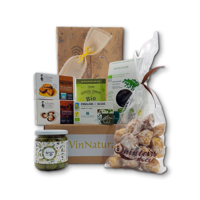 Caja gourmet Descubre Galicia con conservas artesanales, algas de Galicia, melindres, aceitunas y presentación lista para regalar