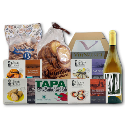 Regalo gourmet Vionta con conservas artesanales de las Rías Gallegas, tellas tradicionales y vino blanco gallego para regalar