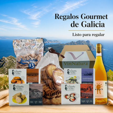 Caja gourmet Arousa de VinNatura con conservas de Galicia, dulces artesanales, aperitivos y vino naranja natural