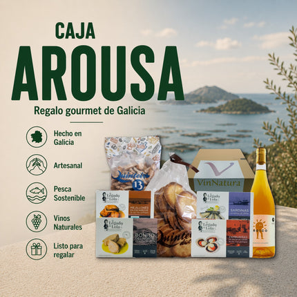 Caja gourmet Arousa de VinNatura con conservas de Galicia, dulces artesanales, aperitivos y vino naranja natural para regalar