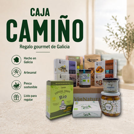 Caja gourmet Camiño con conservas de Galicia, algas ecológicas, dulces artesanales, galletas mariñeiras y productos para regalar