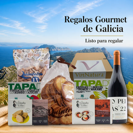 Caja gourmet Cortegada de VinNatura con conservas de Galicia, tapas vegetales, dulces artesanales, aperitivos y vino Mencía