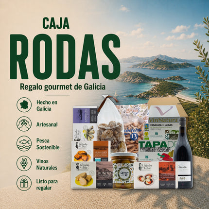 Caja gourmet Rodas de VinNatura con conservas de Galicia, algas, dulces artesanales, aperitivos y vino Mencía para regalar