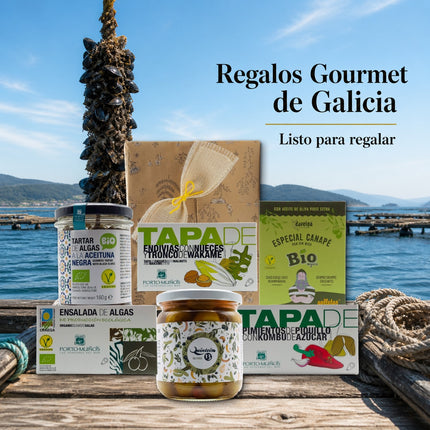 Caja gourmet vegana Orballo con productos vegetales de Galicia, algas ecológicas y presentación para regalo