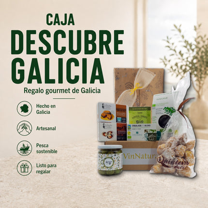 Caja regalo Descubre Galicia de VinNatura con conservas de Galicia, algas ecológicas, melindres, aceitunas y presentación lista para regalar