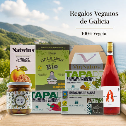 Caja regalo vegana Onza de VinNatura con algas ecológicas, tapas vegetales, galletas, aceitunas y vino rosado natural