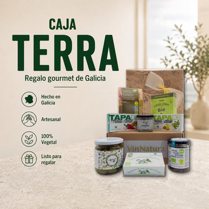 Caja regalo vegana Terra de VinNatura con algas ecológicas, tapas vegetales, aceitunas e infusión, lista para regalar