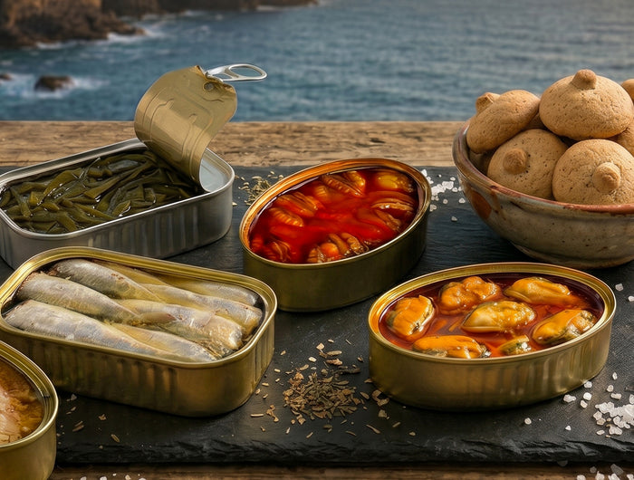 Experiencia gourmet con conservas artesanales gallegas de la caja Sabor a Mar con el Océano al fondo