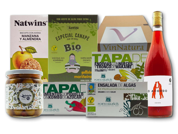 Caja de regalo vegana con conservas gourmet vegetales, algas ecológicas, galletas y una botella de vino vegano. Ideal como regalo de empresa inclusivo, para regalar o disfrutar en buena Compañía.