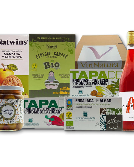 Caja de regalo vegana con conservas gourmet vegetales, algas ecológicas, galletas y una botella de vino vegano. Ideal como regalo de empresa inclusivo, para regalar o disfrutar en buena Compañía.